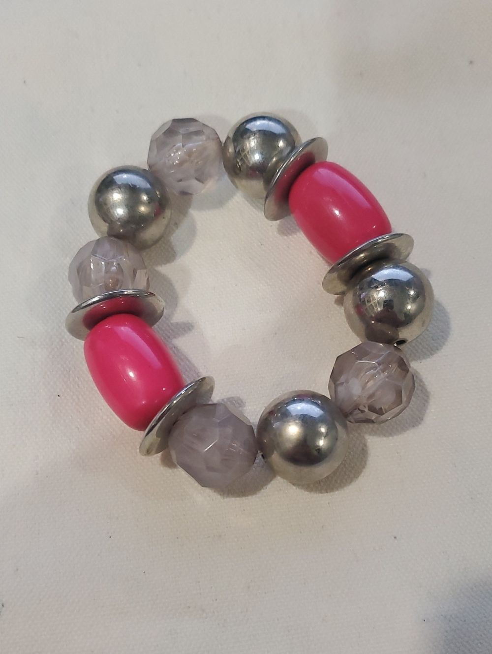 Fashion Stretch Bracelet with Pink Beads and Silver Accents
